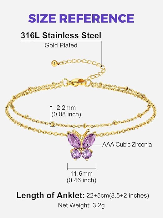 Richsteel Double Layer Heart/Butterfly Birthstone Anklet for Women Non Tarnish Waterproof, Silver/Gold/Black Stainless Steel 8.5-10.5 Inch Adjustable Chain Anklets Jewelry Gifts for Her