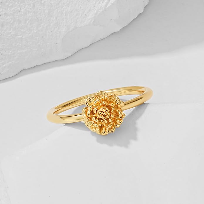 Birth Flower Ring for Women 14K Gold Plated Floral Minimalist Stackable Finger Jewelry Birthday Gifts