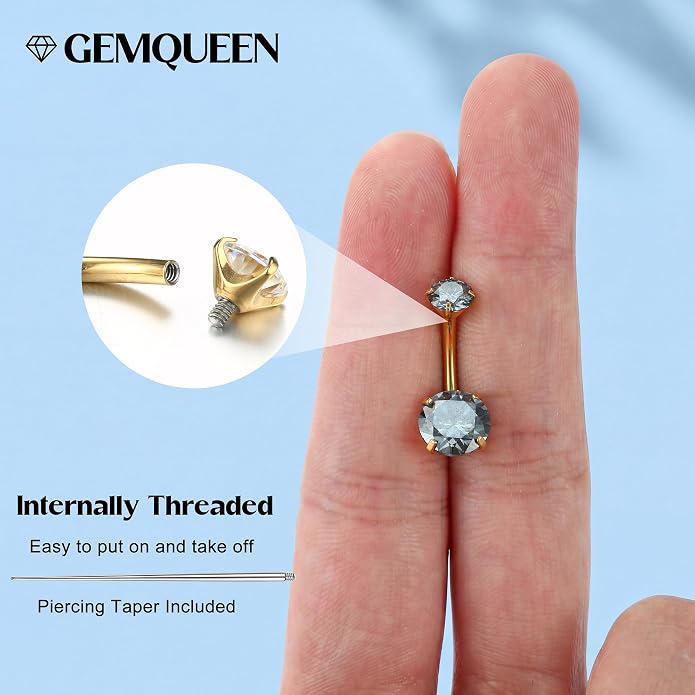 GEMQUEEN Moissanite ＆ G23 TItanium Belly Button Ring 18K Gold Plated Hypoallergenic Internally Threaded Belly Rings 14G Navel Piercing Jewelry For Women Men D Color VVS1 Clarity Brilliant Cut