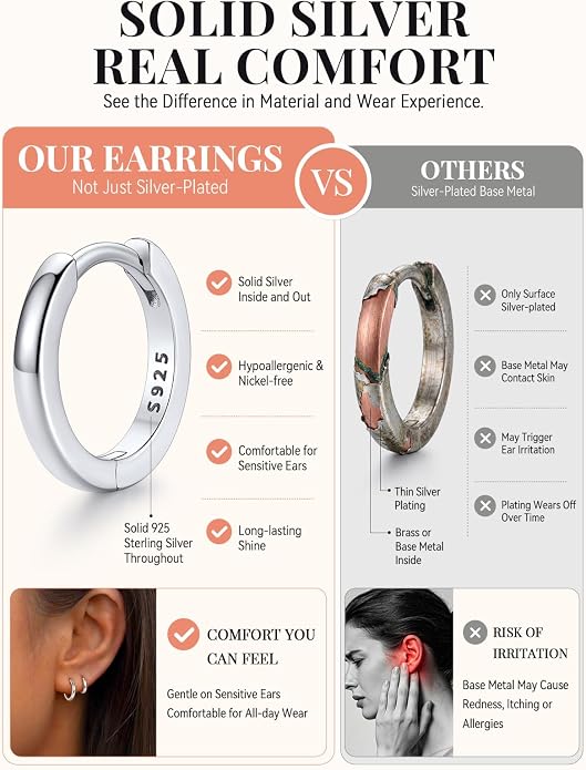FaithHeart 925 Sterling Silver Huggie Hoop Earrings, Silver Small Hoop Earring for Women, 14K Gold/Black/Rose Gold Hypoallergenic Cartilage Earrings for Women 6/8/10/12/14/16/18/20mm