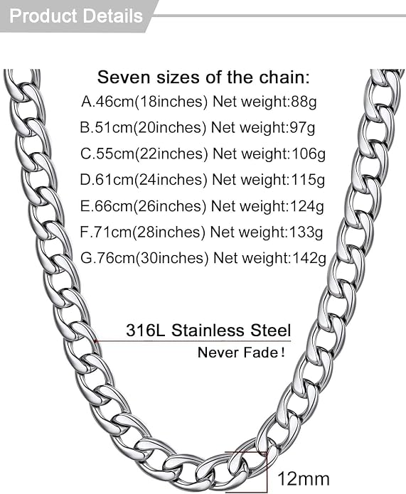 U7 Cuban Link Chain for Men Women Stainless Steel Curb Necklace, 7/9/12/15 MM Chunky Chain Silver/Gold/Black Mens Hip Hop Jewelry 18''-30''