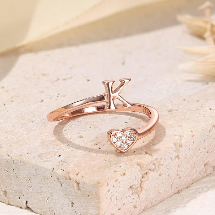 MILACOLATO 925 Sterling Silver Initial Rings for Women Teen Girl 18K Gold Plated Heart Initial Rings Adjustable Capital Letter Ring Stackable Thumb Pinky Rings for Daughter Birthday Bridesmaid Gifts Jewelry, A to Z