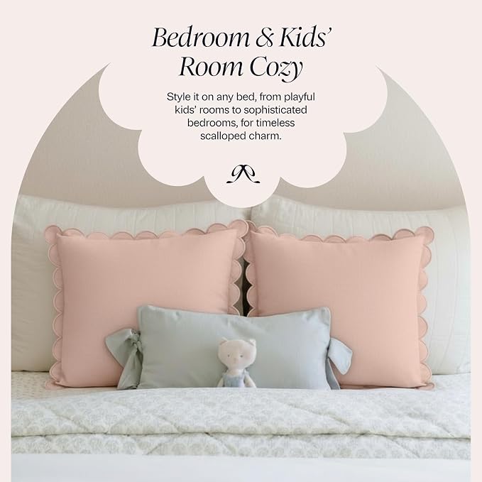 BEBE BASK Scalloped Pillow Cover - Set of 2-18 x 18 Inch - Scallop Pillow Cover - Pink Scalloped Pillows - Scallop Pillows - 100% Cotton - Grandmillennial Style (Peach Pink/Peach)