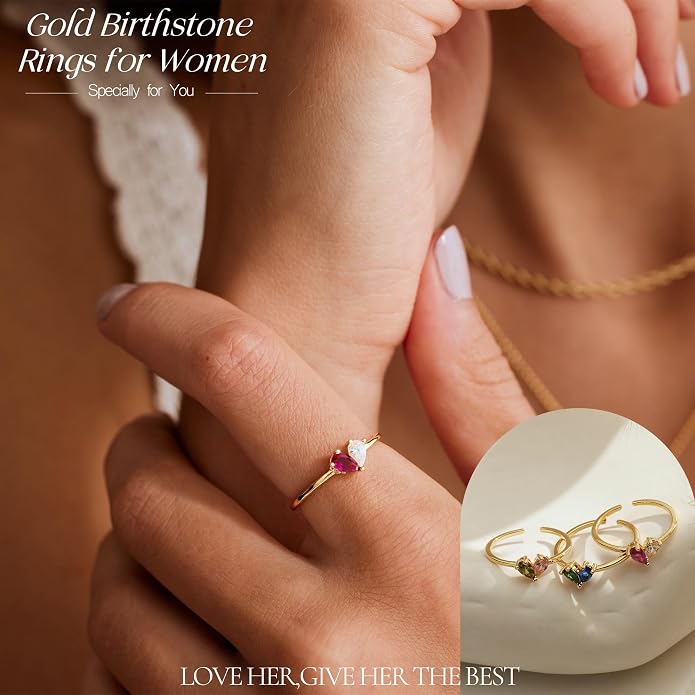 Birthstone Rings for Women, Non Tarnish Gold Rings 2026 Graduation Gifts Birthday Gift Trendy Teen Girl Stuff Dainty 14K Plated Adjustable CZ Stacking Promise Ring Anniversary Jewelry for Friend Sister Girlfriend Daughter