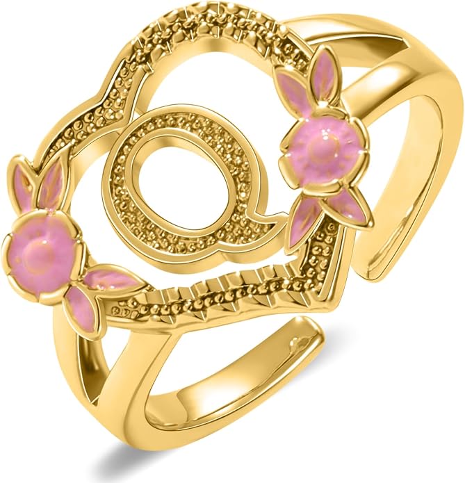Gold Initial Rings for Women - Non Tarnish Dainty 14K Gold Plated Heart Adjustable Letter Rings for Women, Stackable Cute Thumb Pinky Fashion Open Simple Birthday Gifts Jewelry