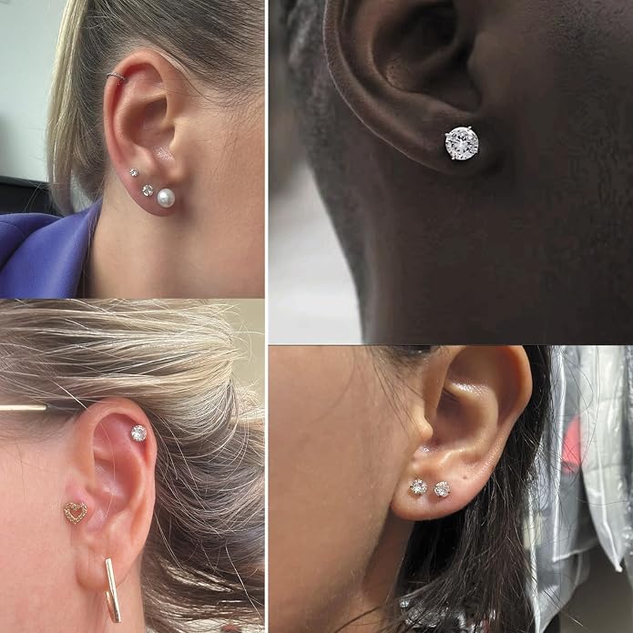 20G Hypoallergenic G23 Titanium Cubic Zirconia Silver Flat Back Earrings for Women and Men,Nickel-Free and Lead-Free Medical Waterproof Studs,Cartilage Stud Earrings for Sensitive Ears,Fashion Piercing Jewelry for Sensitive Skin