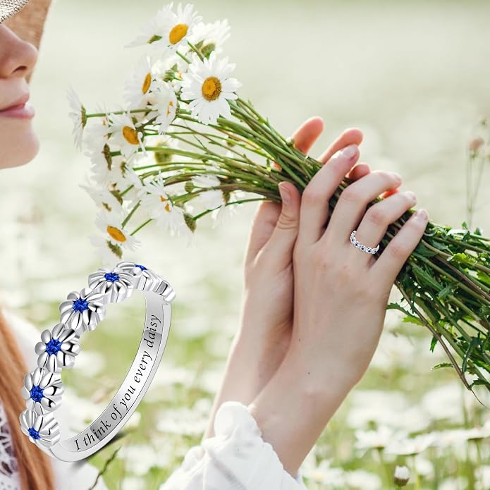 Dainty Daisy Ring for Women, S925 Sterling Silver Cubic Zirconia Sunflower Flower Ring For Daughter, I Think Of You Every Daisy Ring, Birthstone Flower Ring