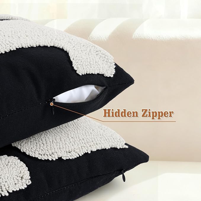 LandIdyll 4 Pcs Black and Cream Chunky Tufted Pillow Covers 12 x 20 Inch Boho Black and White Throw Pillow Covers Set Decorative Modern Abstract Geometric Pillowcase for Living Room Bed Couch Sofa