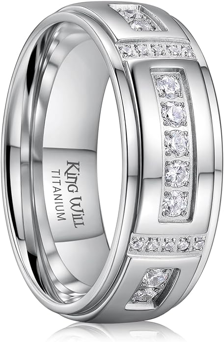 King Will Men's Titanium Wedding Band - 8mm Polished Band with Step Edges and Cross Design Featuring White Zirconia Insets Comfort Fit Size 7-14