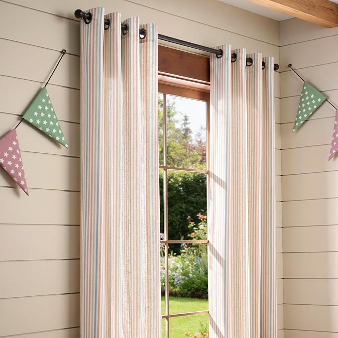 Vangao Linen Stripe Nursery Curtains for Kids Tickingstripe Light Filtering Window Curtains Colorful Pink Pinstripe Printed Drapes 84 Inches Long for Living Room Girls Bedroom Dorm 2 Panels