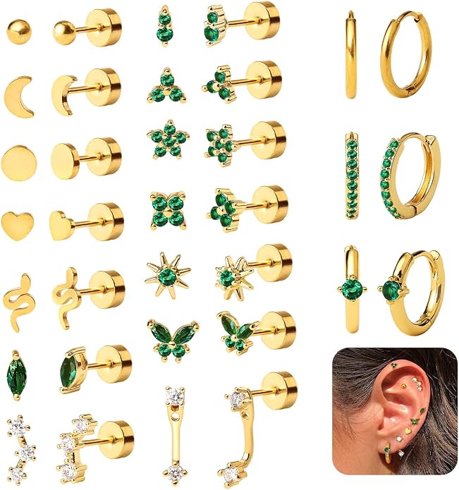 KRFY 25Pcs/17 Pairs Hypoallergenic Surgical Steel Earrings for Sensitive Ears 14K Gold Plated Flat Back Cartilage Earrings for Women Men Screw Back Flatback Stud Hoop Earring Set for Multiple Piercing