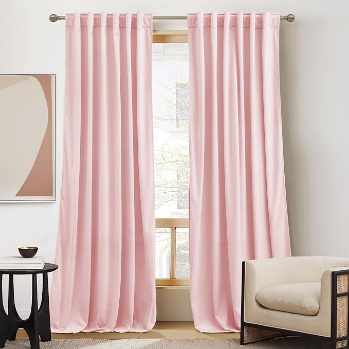 RYB HOME Baby Pink Velvet Curtains 90 inches, Back Tab Soft Fabric Room Darkening Thermal Insulated Luxurious Home Decor Curtains for Living Room Bedroom, W 52" x L 90", 2 Panels Set