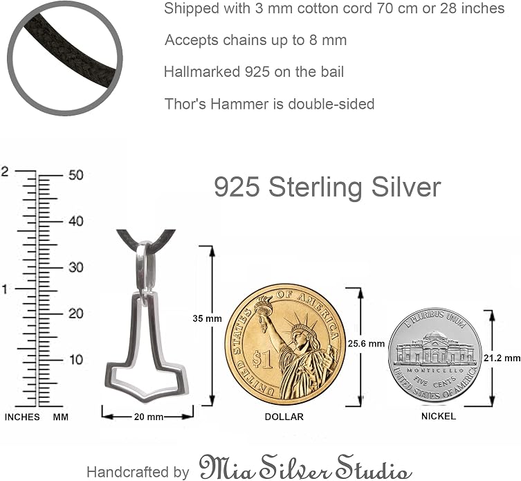 Simple Thor's Hammer Mjolnir Necklace 925 Sterling Silver - Cut Out Viking Axe Pendant - Minimalist Norse Nordic Scandinavian Jewelry Gifts for Men Women - Handmade