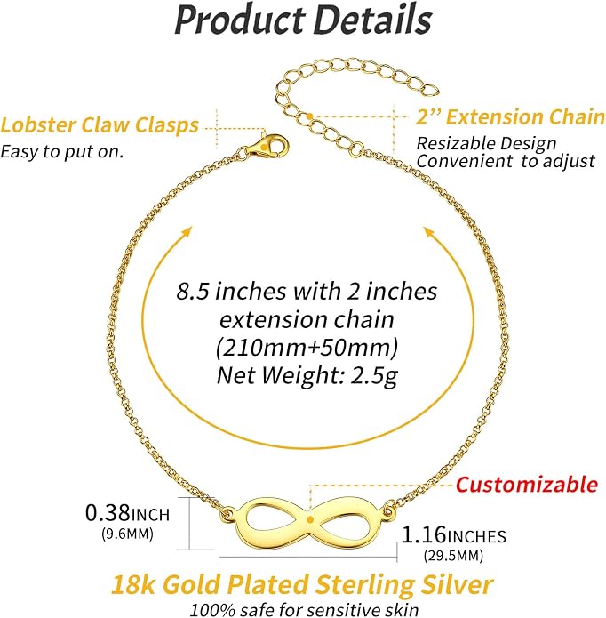 ChicSilver Personalized 925 Sterling Silver Infinity Anklets for Women, Dainty Beach Foot Jewelry (with Gift Box)