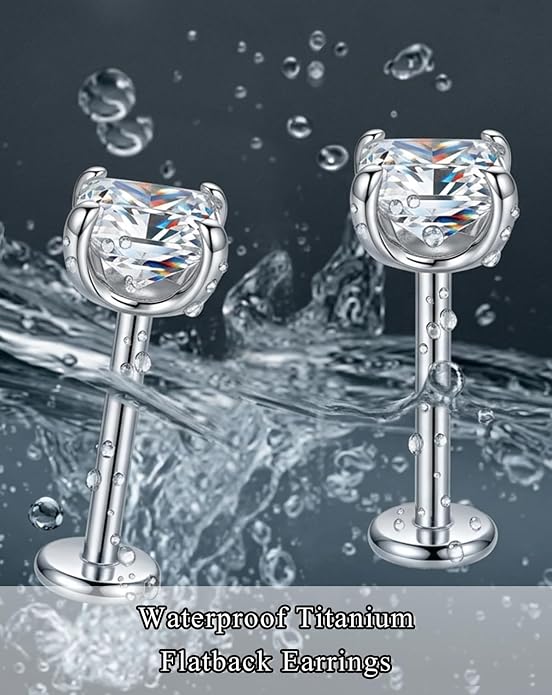 3Pairs Moissanite Earrings G23 Implant Grade Titanium Earrings for women Men, Flat Back Earrings Hypoallergenic Internal Thread Tragus lip nose Piercing Jewelry 18G 6/8MM Post with tool Round/Princess Cut Certified 3-5MM