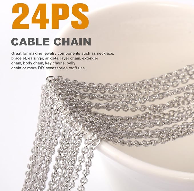 Cadikez 24PCS Stainless Steel Cable Chain Necklace Bulk, 2mm 18inch Stainless Steel Finished Flat Cable Link Chains for Necklace Jewelry Making