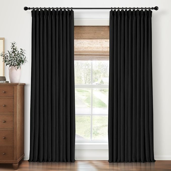CAPALOCA Pinch Pleated Curtains Blackout, Linen Blackout Curtains 108 inches Long 2 Panels Set for Bedroom, Thermal Insulated Pinch Pleated Drapes for Living Room, 40" W x 108" L (Pack of 2), Black