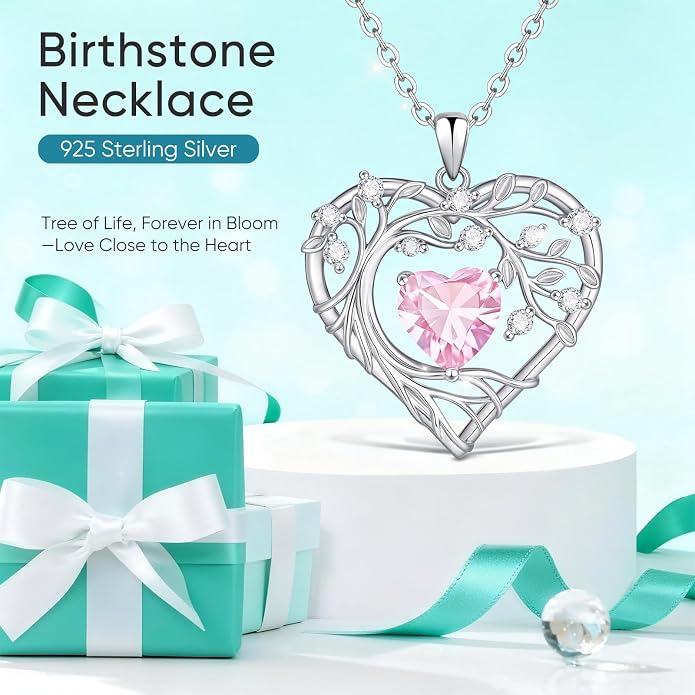 Tree of Life Birthstone Pendant Necklace - 925 Sterling Silver Heart Cubic Zirconia Diamond Women Pendant Necklaces for Her Daughter Girlfriend Birthday Gift Ideas for Wife Mom for Valentines Day