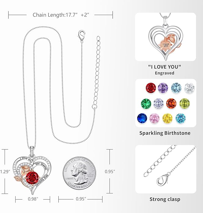 Birthstone Heart Necklaces for Women 925 Sterling Silver Fine Jewelry Rose Pendant Necklace Anniversary Birthday Mothers Day Gifts Her Wife Women Mom Daughter
