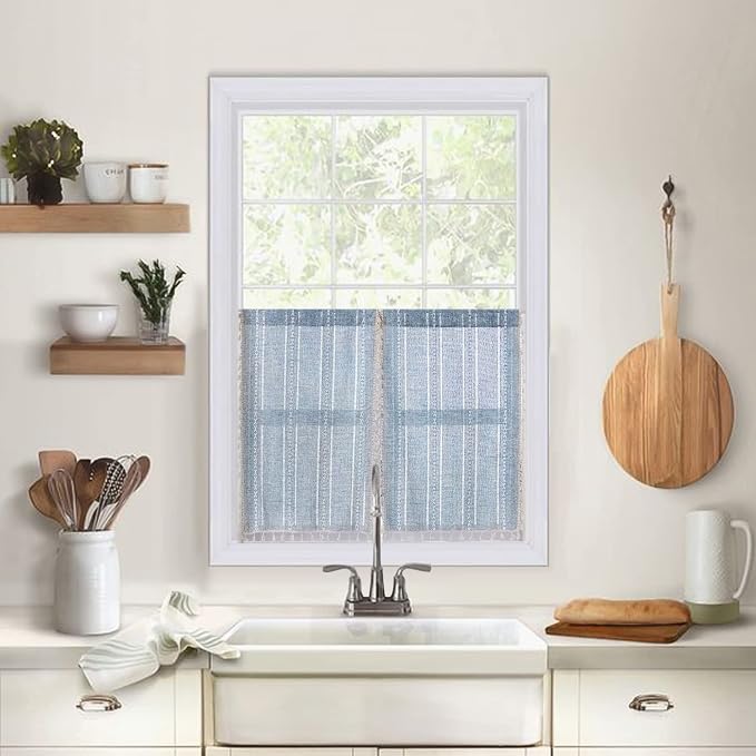 ColorBird Boho Kitchen Short Cafe Curtains 36 inch Length 2 Panels, Blue Striped Light Filtering Valances, Embroidered Window Curtains Over Sink for Laundry Room RV Camper