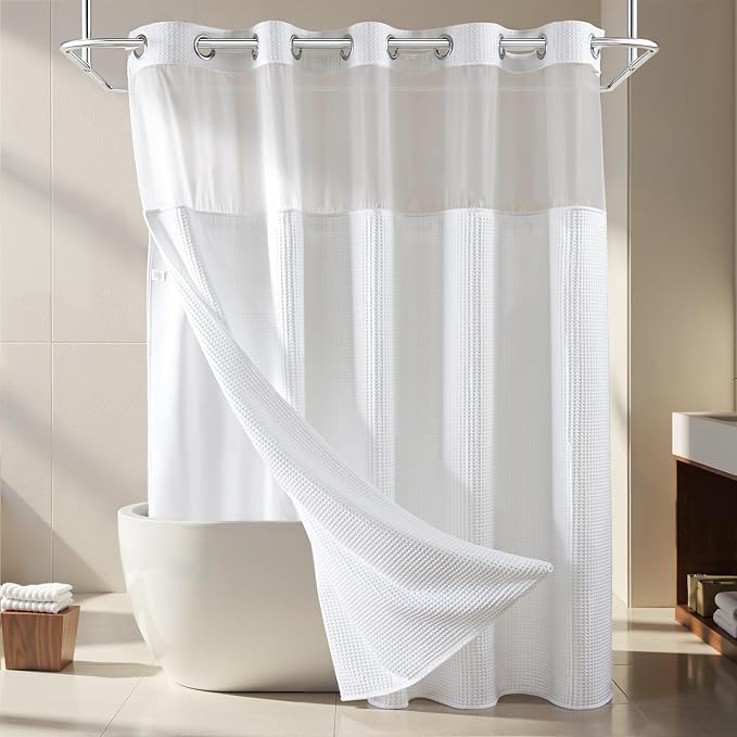 River Dream White Cotton Blend Fabric Shower Curtain Set with Liner, 71x74 | Waffle Weave, No Hook Needed, with Snap in Replacement Liner, Top Sheer Window, Hotel Quality Fabric for Bathroom