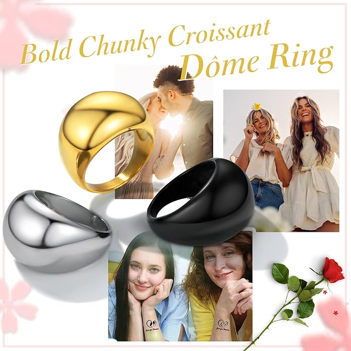 GOLDCHIC JEWELRY Chunky Dome Ring for Women, Stainless Steel Bold Stacking Croissant Statement Ring For Men (Size 7-12, Custom)