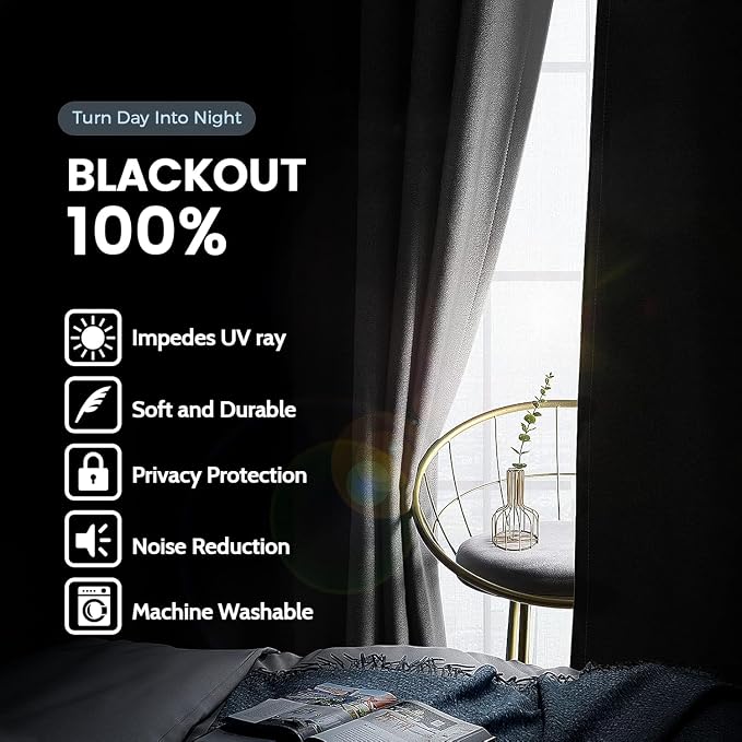 SimpleHome Grey 100% Blackout Curtains Room Darkening Living Room 84 Inch | Curtains for Bedroom,Thermal Insulated Grommet Window Drapes,Curtains for Living Room with Black Back,38 x 84 Inch,2 Panels