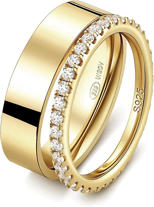 2 Pack Sterling Silver Eternity Ring & Gold Band for Women, 2mm CZ Stackable Wedding Engagement Promise Rings, Simple 5mm Plated Band, Size 5-10, Gift Jewelry Set
