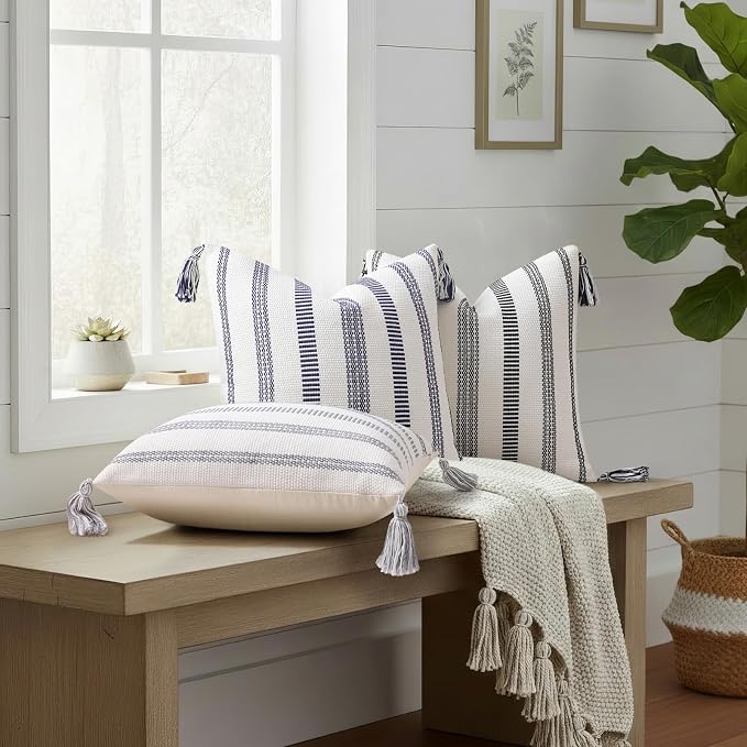 Smile Bee Boho Outdoor Couch Throw Pillow Covers Set of 2 Decorative Lumbar Thick Woven Striped Accent Neutral Pillow Covers with Tassels for Bed Sofa Home Decor 12x20 Inch, Navy Blue and Cream White | Woven Cozy Boho Decorative Modern Farmhouse Accent...