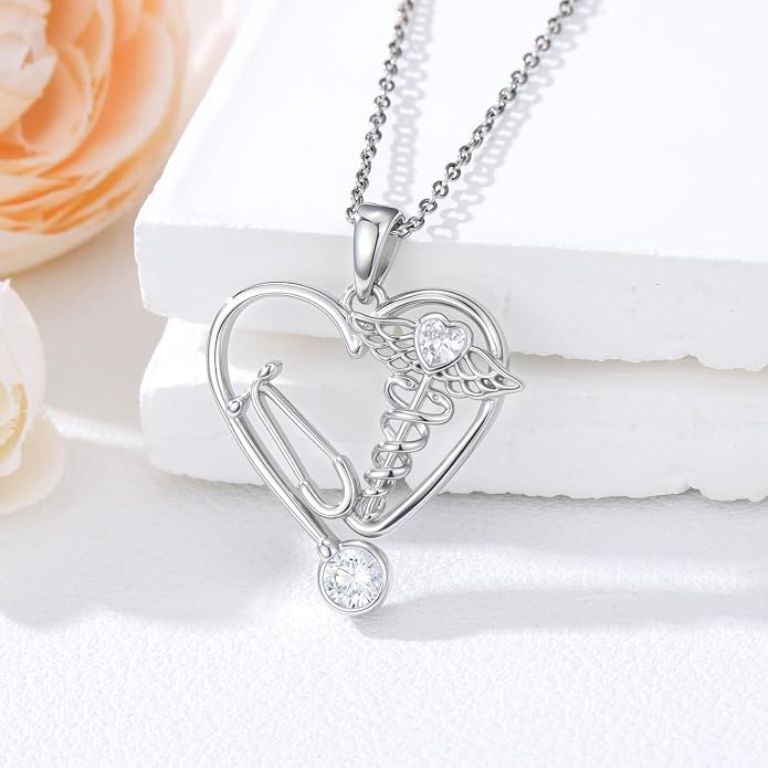 Birthstone Veterinary Stethoscope Necklace 925 Sterling Silver Nurse Vet Pendant with Dog Paw Nurse Jewelry Gifts for Veterinarian Nurse Women Veterinarian Gifts