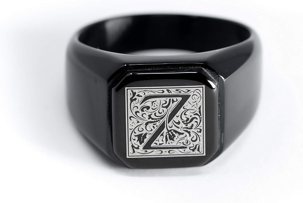 Jewelry | Stainless Steel Letter Alphabet Initial Ring | Square Flat Top Ring for Men & Women | Stainless Steel Jewelry, (Black, Gold, Silver), Size 7-16