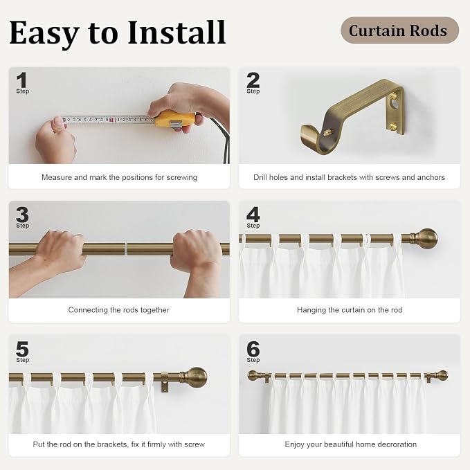 Antique Bronze Curtain Rods for Windows 48 to 84 Inch 1" Diameter | Adjustable Heavy Duty Brass Window Curtain Rod with Metal Finials for Living Room Bedroom Farmhouse Kitchen Outdoor