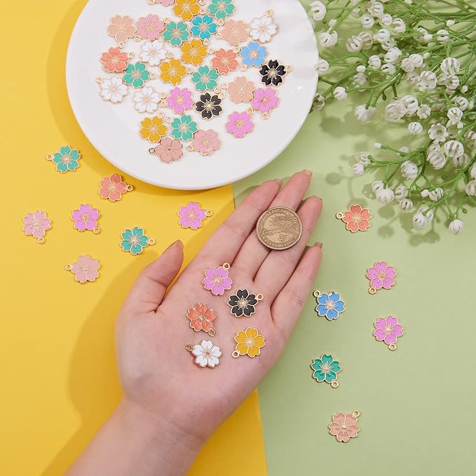 DanLingJewelry 100pcs Random Color Enamel Flower Charms Pendant Cherry Blossoms Charms for Women Girls Necklace Earring DIY Jewelry Accessories