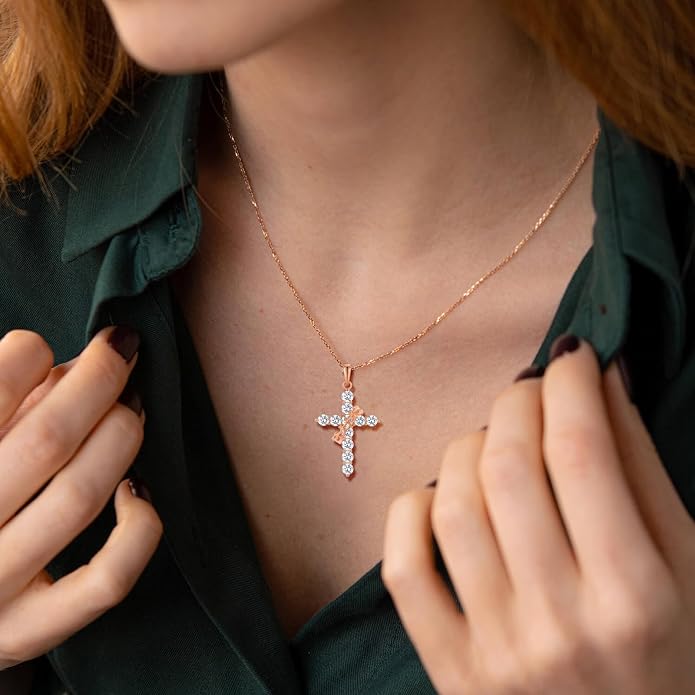 Rotated Crown Cross Necklaces for Women, 925 Sterling Silver Round Cut Zircon Neckalce Pendant With Ring Birthstones Jewelry for Her