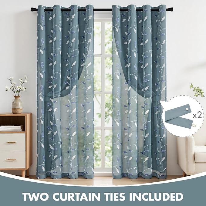 MIULEE Dusty Blue Double Layer Curtains 84 Inches Long, Leaf Patterned Sheer Floral Drapes and Blackout Room Darkening Window Curtains for Living Room Bedroom, Grommets Top, 52" W x 84" L, 2 Panels