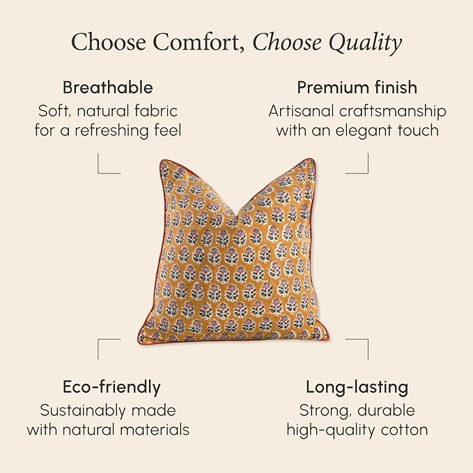 CPC 100% Cotton Throw Pillow Covers 18x18 Inch, Set of 2 Yellow Block Print Pattern Couch Pillow, Cute Boho Decorative Pillows for Living Room, Bedroom with Hidden Zipper- Yellow Citrine