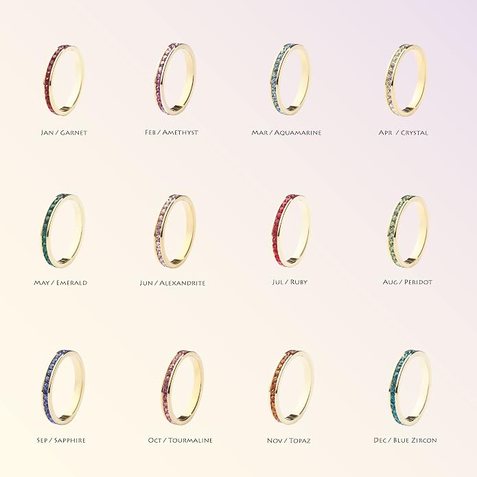 Muses Art Design Birthstone Eternity Band Ring 18K Gold Plated (Channel Set/Full Round), Stacking Fashion Ring with Crystal Birthstone