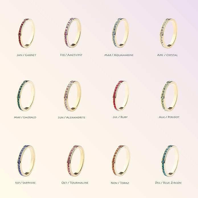 Muses Art Design Birthstone Eternity Band Ring 18K Gold Plated (Channel Set/Full Round), Stacking Fashion Ring with Crystal Birthstone