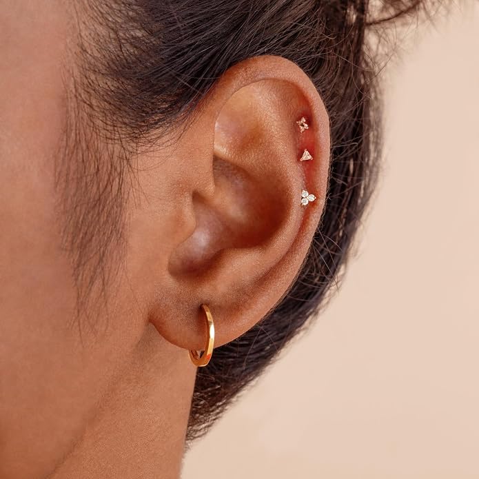 14K Yellow/White/Rose Gold Threadless Earring Top Push in 1 Pcs Triple Clear CZ Flat Back Nose Stud Threadless Cartilage Earring Helix Stud Tragus Piercing Jewelry for Women 6mm/8mm