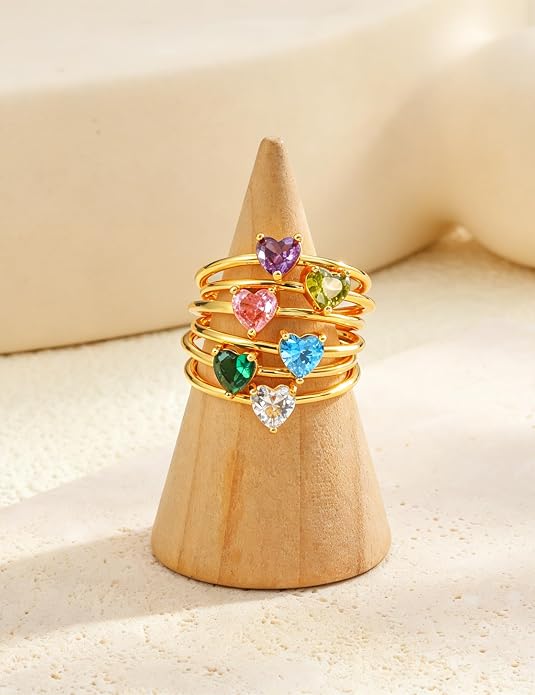 WFYOU Gold Heart Birthstone Rings for Women 14K Gold Plated Non Tarnish Stackable Pinky Cubic Zirconia Rings Emerald Dainty Gemstone Thumb Ring Band Cute Jewelry Birthday Gift Size 5-10