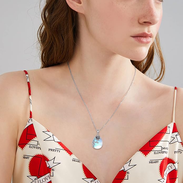 YAFEINI 925 Sterling Silver Moonstone Necklace Filigree Teardrop Pendant Necklace Jewelry for Women Girls