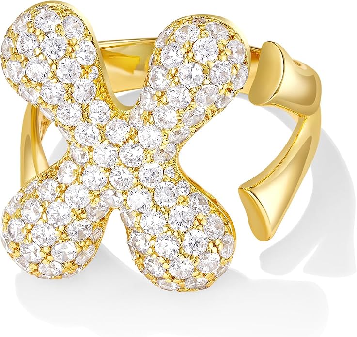 KissYan Bubble Initial Ring for Women, 14K Gold Plate Balloon Jumbo Letter Rings Open Adjustable Dainty Pave CZ Personalized Fashion Jewelry Gift for Mother's Day