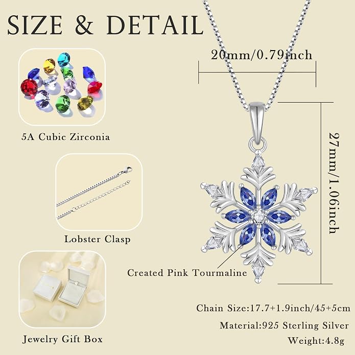 925 Sterling Silver Snowflake Necklace for Women Birthstone Snowflake Pendant Necklace Cubic Zirconia Christmas Jewelry