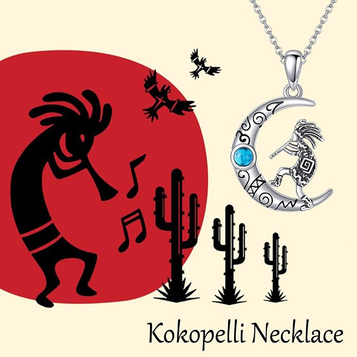 Turquoise Western Necklace Sterling Silver Moon Kokopelli/Cow Skull/Zia Sun/Mountains Pendant Necklace Turquoise Jewelry for Women Hikers Campers