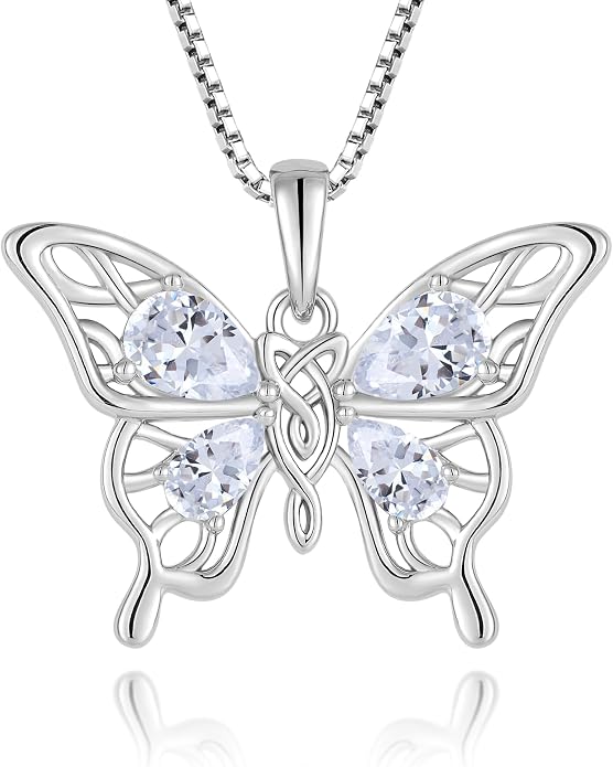 Butterfly Necklace 925 Sterling Silver Celtic Knot Pendant Teardrop Birthstone Twisted Jewelry for Women