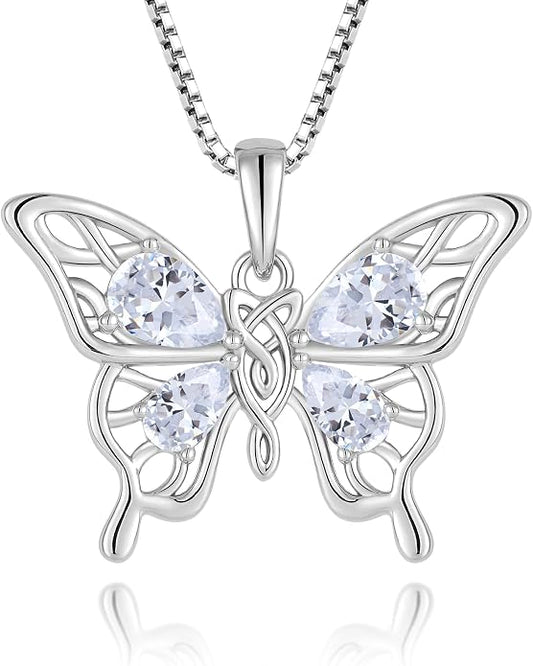 Butterfly Necklace 925 Sterling Silver Celtic Knot Pendant Teardrop Birthstone Twisted Jewelry for Women