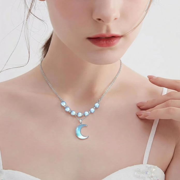 Dainty Moonstone Moon Simple 925 Sterling Silver Pendant Necklace for Women, Jewelry for Women Mother, Birthday Gift, with 18+2inch