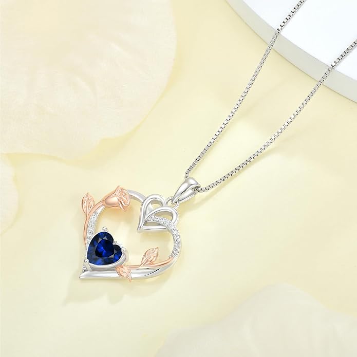 Rose Heart Necklaces for Women - 925 Sterling Silver Gold Rose Birthstone Pendant Jewelry for Girlfriend Daughter - Anniversary Birthday Christmas Valentines Day Mother’s Day Jewelry Gifts for Women Wife Her Girls Mom