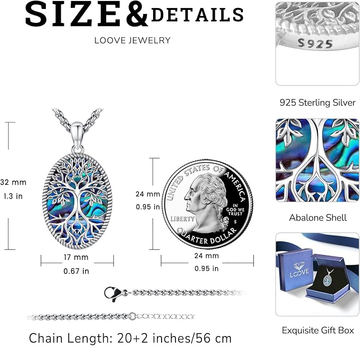Sterling Silver Tree of Life Necklace for Women Oval Family Tree Necklace Abalone Shell Moonstone Pendant Mother Day Necklace for Mom Tree of Life Jewelry