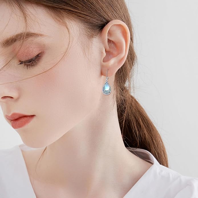 POPLYKE Filigree Moonstone Dangle Earrings 925 Sterling Sliver Teardrop Celtic Earrings Abalone Shell Filigree Jewelry for Women